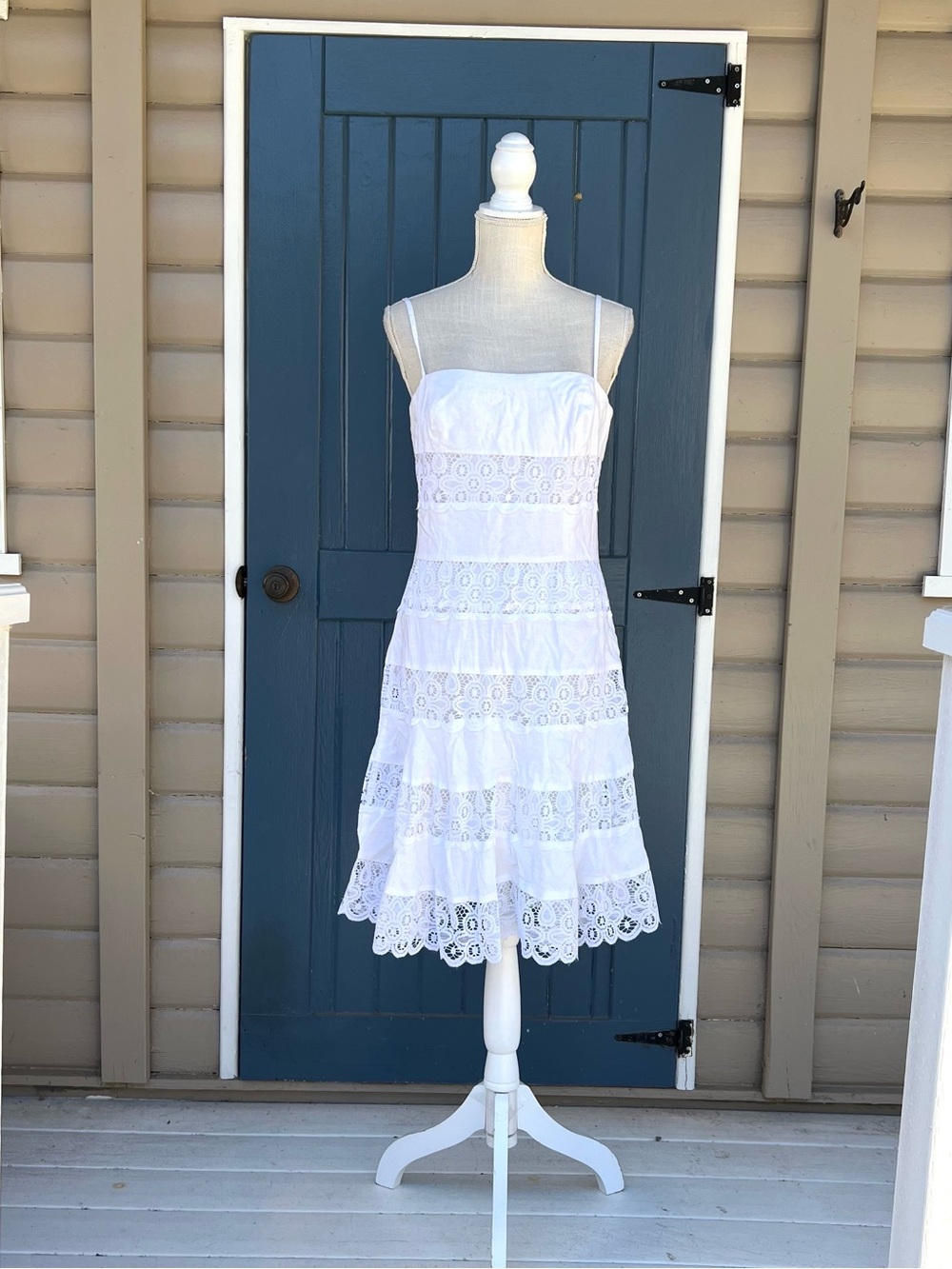 Vintage Maggy L White 100% Linen Tiered Lace Dress Size 10 Cottagecore Boho